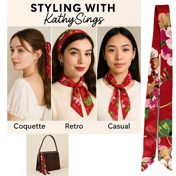 Red Floral Slim Silk Scarf 34in Satin Accessory Hat Head Ponytail Bow Purse No31 - Picture 5 of 8